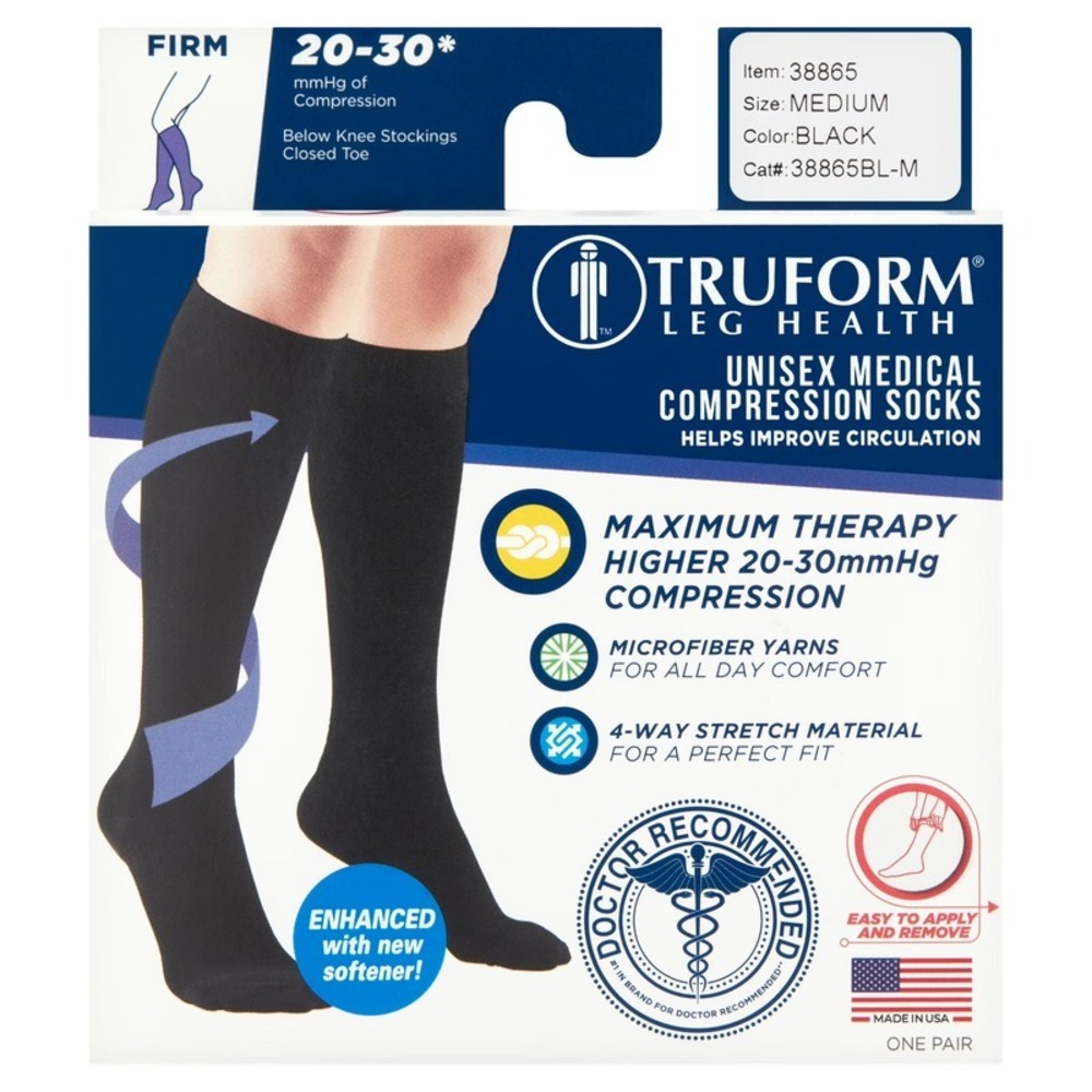 Truform Medical Compression Socks 20-30 Mmhg Knee High Closed Toe Black Medium